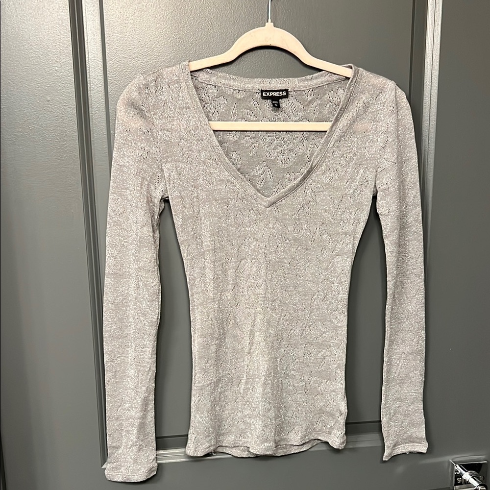 Express Gray See Through Long Sleeve Blouse